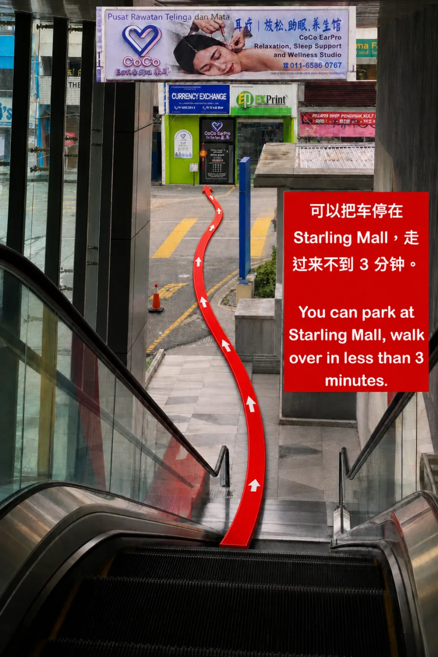 Walking direction from Starling Mall parking to CoCo EarPro PJ Uptown in less than 3 minutes